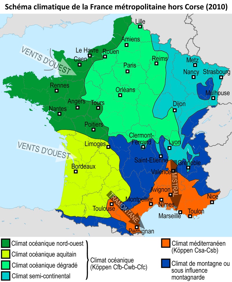 Répartition des climats présents en France métropolitaine, exception faite de la Corse. Source : Monsieur Fou, CC BY-SA 3.0, via Wikimedia Commons